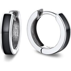 Black & 925 Sterling Silver Hoop Earrings | Small Earrings 10mm | Gift For Men